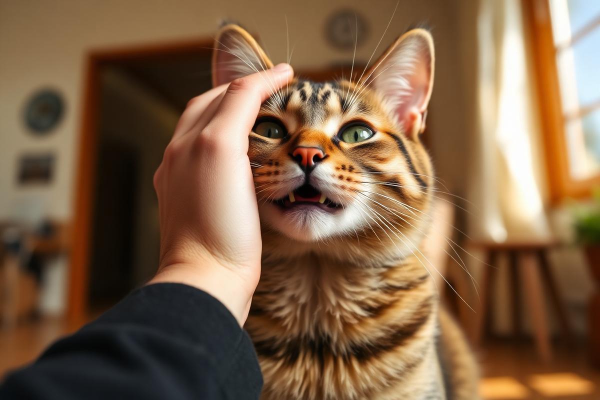 Gatto felice accarezzato da una mano in casa